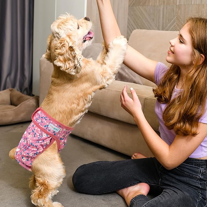 Langsprit Washable Female Dog Diapers - Doggie Reusable Diapers for Doggy Puppy Female in Period - Highly Absorbent Dog Heat Panties Flower-1 S