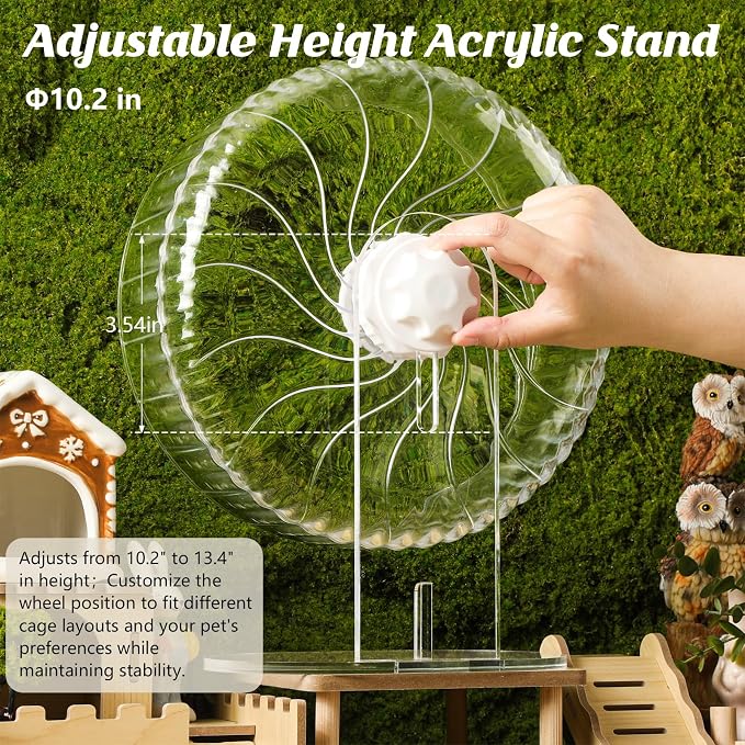 Silent Exercise Wheel with Adjustable Stand for Hamsters, Gerbils, Mice & Small Pets + Free Cleaning Cloth - 10.2" Diameter Running Wheel, Easy Clean, Anti-Slip Track (Transparent)