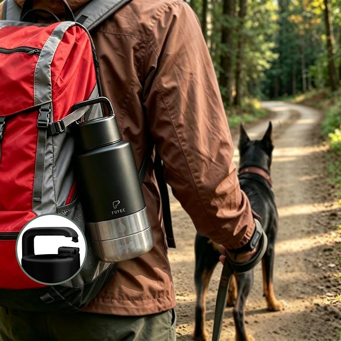 Dog Water Bottle 32oz, Insulated Stainless Steel Travel Water Dispenser with 2 Detachable Dog Bowls for Food and Water, Leak Proof Portable Pet Drinking Cup for Walking Hiking Camping