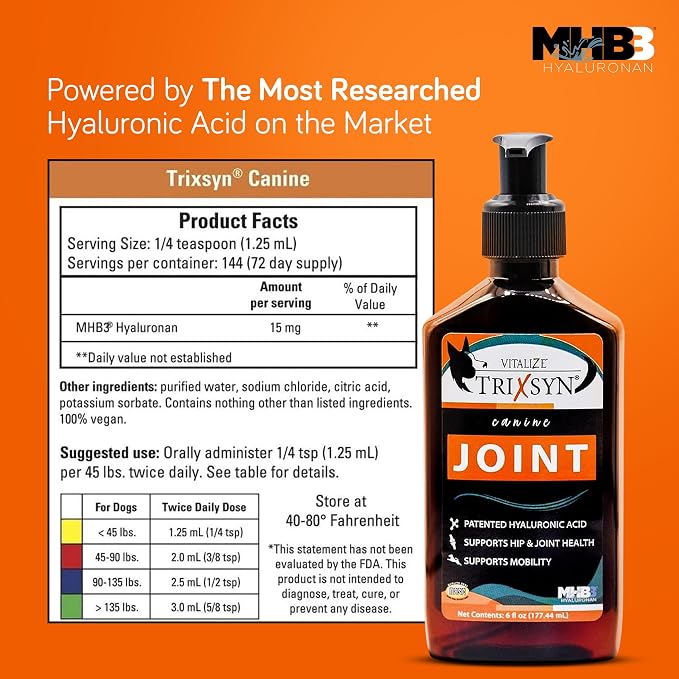 Trixsyn - Canine Hip and Joint Supplement for Dogs, 6 fl oz - Hyaluronic Acid Liquid HA for Senior Dogs to Support Mobility, Healthy Cartilage & Joint Function - Patented MHB3 Formula