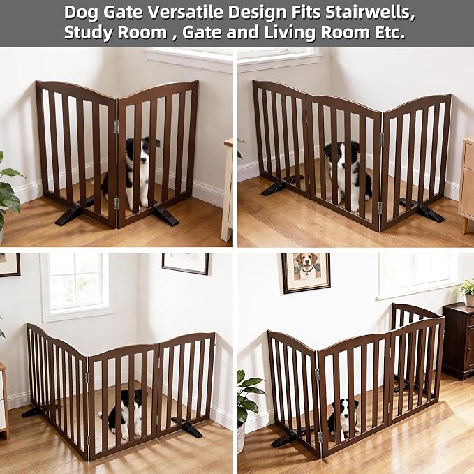 ZJSF Foldable Freestanding Indoor Dog Gate for House Wood Long Pet Gates Dog Fence for Stairs Puppy Gates for Hallways, Puppy Gate,Support Feet Included, Brown, 32 "Height-2 Panels