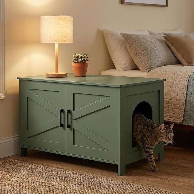 Homhedy Cat Litter Box Enclosure,Litter Box Furniture Hidden with Barn Door,Wooden Cat Washroom Furniture, Fit Most of Litter Box, Green