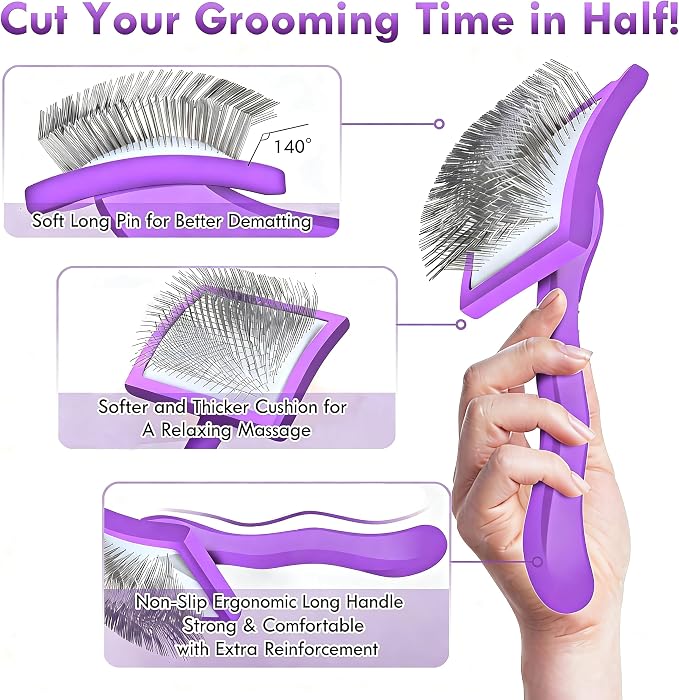 Large Slicker Brush for Dogs - 3-Piece Solid Wood Dog Grooming Kit for Doodles and Poodles - for Wavy, Curly & Matted Hair, Purple