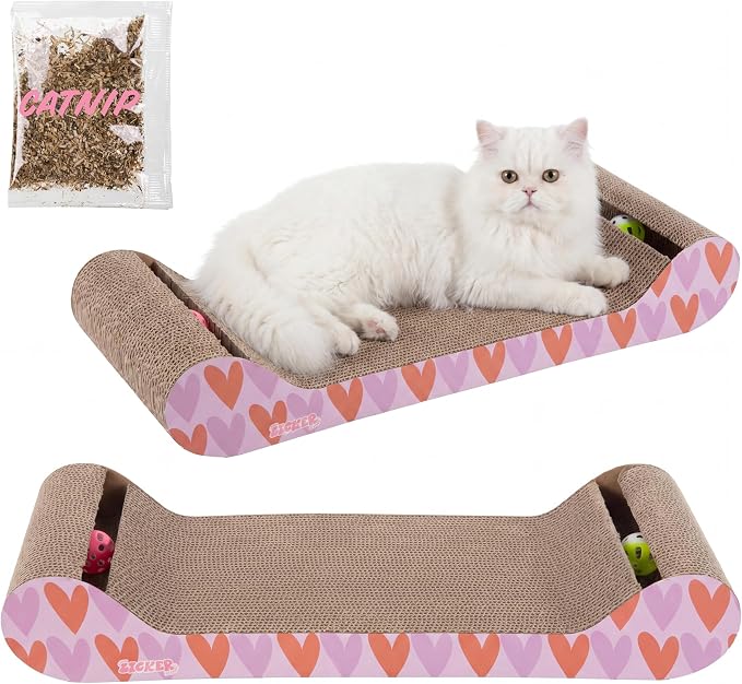 Rini 23.75" Modern Cardboard Cat Scratcher Lounge Bed with Built-in Bell Toys and Catnip, Ergonomic Curved Sofa Design, Pink/Red CSR1003D