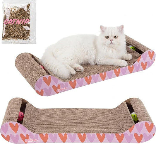 Rini 23.75" Modern Cardboard Cat Scratcher Lounge Bed with Built-in Bell Toys and Catnip, Ergonomic Curved Sofa Design, Pink/Red CSR1003D