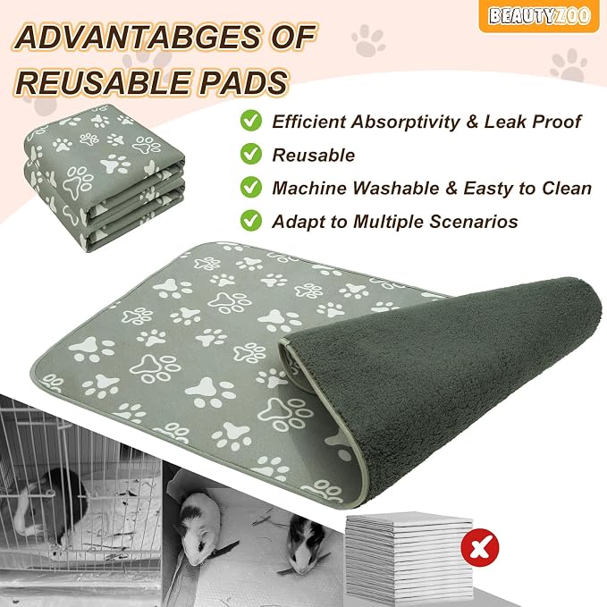 BEAUTYZOO 2 Pack Guinea Pig Cage Liners, Washable Reversible Fleece Guinea Pig Bedding, Waterproof Super Absorbent Pee Pads for Small Animals Rabbit Hamster Bunny - 24"x47" Grey