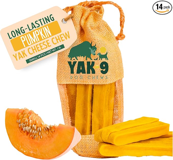 Yak9 Yak Cheese Himalayan Dog Chews, Pumpkin | High Protein, High Fiber Pumpkin Treats for Dogs | Long Lasting, Non GMO, Gluten Free, Grain Free | Small Size,14 PC