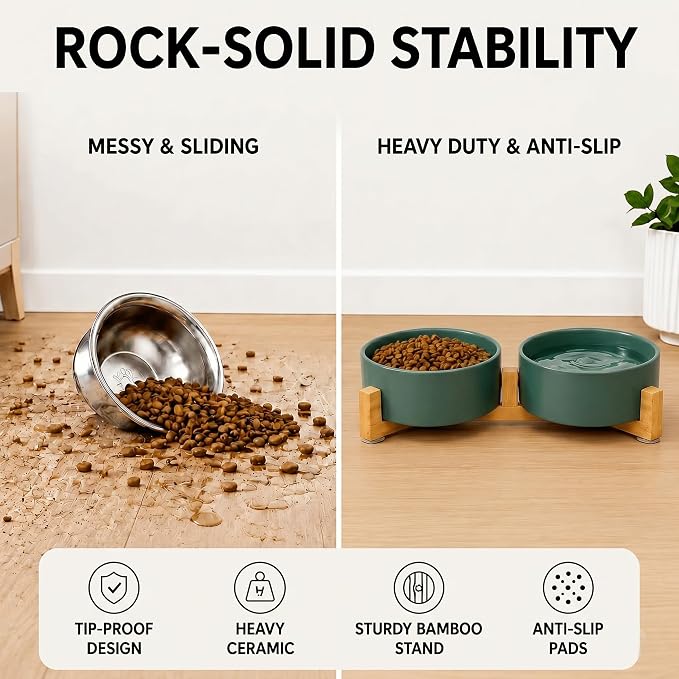 SPUNKYJUNKY Ceramic Dog and Cat Bowl with Wood Stand Non-Slip Matte Glaze Weighted Food Water Set for Cats &Small Dogs 13.5 OZ Green