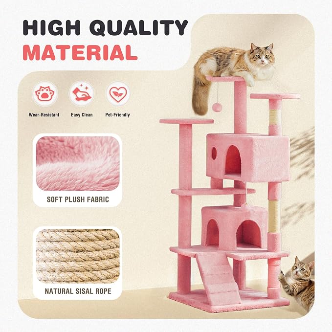 Cat Tree 54 Inch, Multi-Level Cat Tower with Condo, Perches, Sisal Scratching Posts and Climbing Ladder, Pet Play Toy Balls House for Indoor Cats, Pink