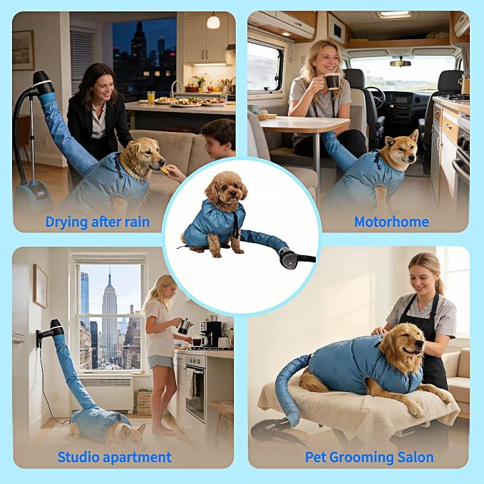 Dog Drying Bag for Large Dogs, Fast Pet Hair Dryer Kit 360° Air Circulation, Hands-Free Blow Dryer Compatible with Hair Dryer/Blower, Anti-Splash & Overheat Protection for Small Medium Large Dogs Cats