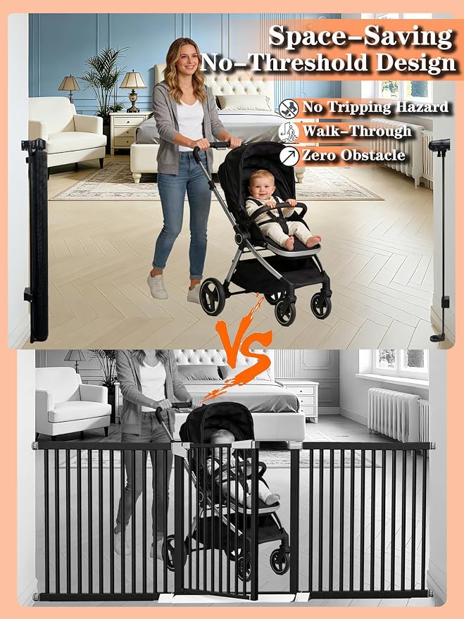 55" Wide Retractable Baby Gate for Stairs, 42" Extra Tall Retractable Dog Pet Gate with Support Rods, Mesh Screen Child Safety Gate for Doorways Hallways Deck Porch, Outdoor Indoor Use