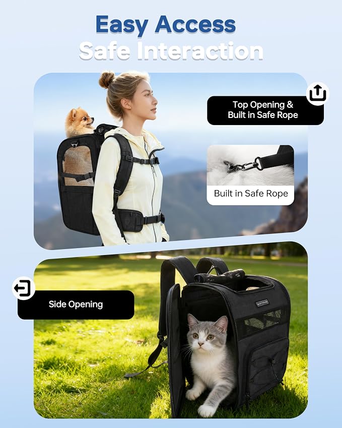 Hiking Dog Carrier Backpack, Adjustable Waist Cushioning Belt with Breathable Padded Back Support, Dog Carrier for Hiking with 5 Pockets, Dog Carrier Backpack for Small Dogs Max 13LB Black