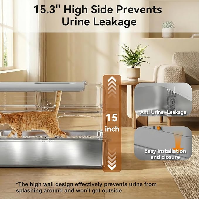 Stainless Steel Cat Litter Box, Enclosed Odor Control Extra Large Metal Litter Box with Lid, 135° Flip-Top Covered Design, Leak-Proof High Sided Box for Large Cats & Multi-Cat Homes, Gray