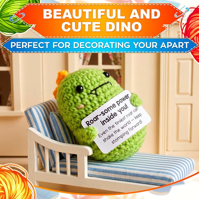 Reluen Crochet Dinosaur, Roar-Some Power Inside Handmade Mini Dinosaur Crochet Animal with Inspirational Affirmation Card, Dinosaur Desk Accessories Gift for Women Men Adults Mom Daughter Coworker