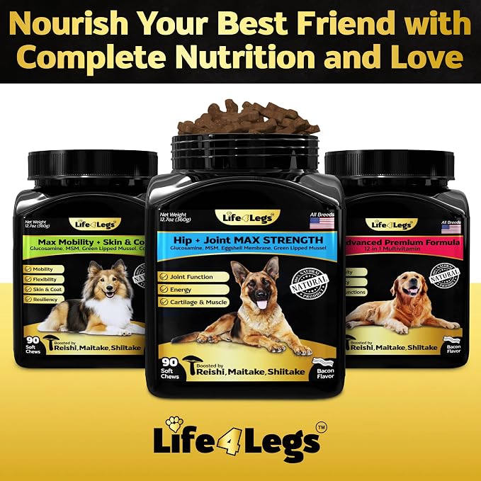 Premium Hip and Joint Supplement for Dogs, Glucosamine for Dogs with Chondroitin, MSM, Turmeric & Omega 3, Daily Dog Joint Supplement Soft Chews, Bacon, 30 Count