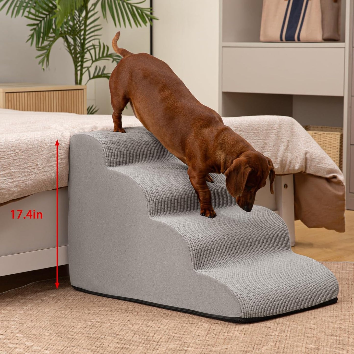 4-Step Dog Stairs and Ramp for Beds or Couches,Non-Slip Sturdy Pet Steps for Small Dogs and Cats,17.4" H,Light Grey