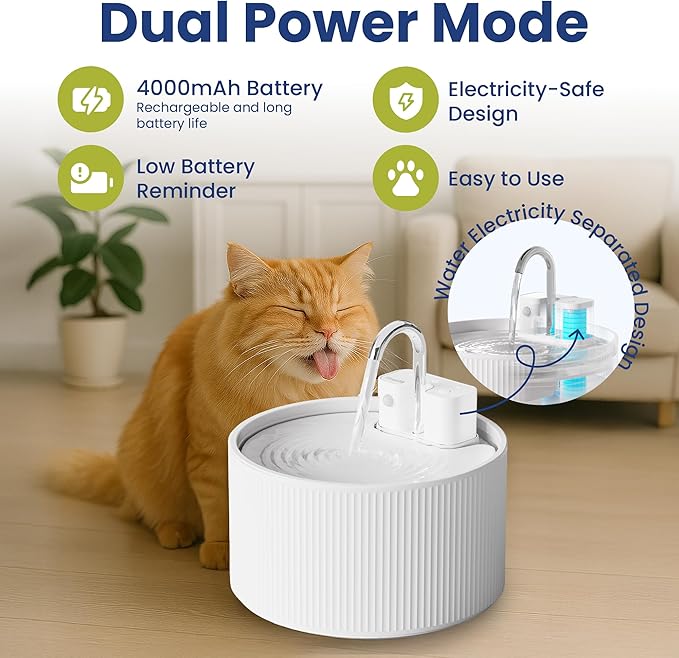 PawsPik CeramiFlow Cat Water Fountain, Ceramic Automatic Cat Fountain with Motion Sensor, Cordless Rechargeable Pet Fountain, 9 Cup Indoor Cat Fountain, Multi-Layer Filtration, Dishwasher Safe, White