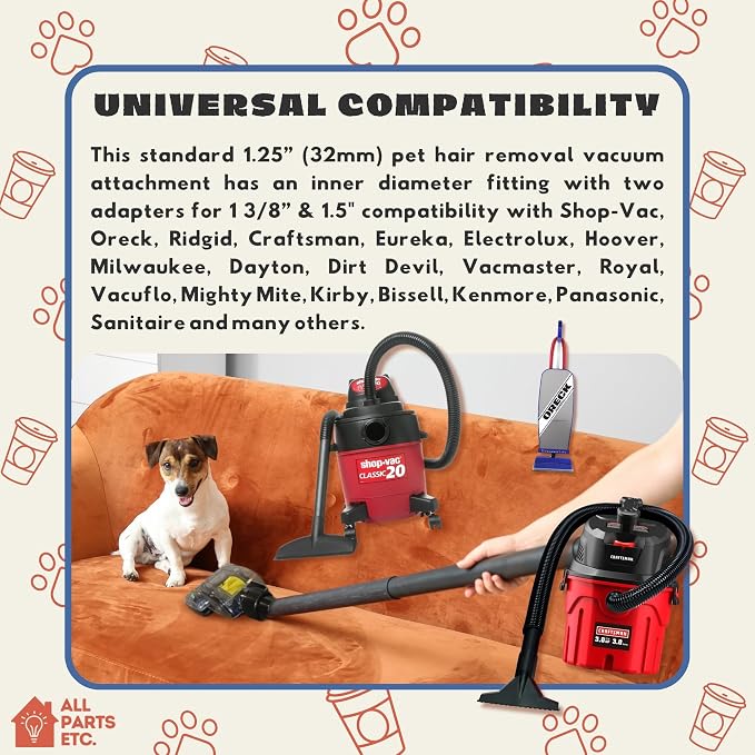 Pet Hair Removal Turbo Brush Vacuum Tool, Pet Hair Vacuum Attachment & Two Adapters for 1 3/8” 1-1/4" & 1.5" Compatibility with Shop-Vac, Shark, Miele, Bissell, Hoover, Eureka
