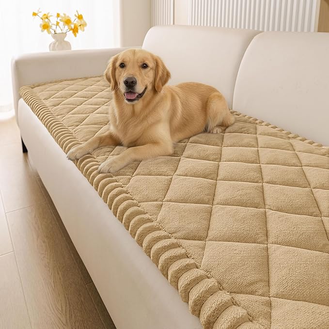 Smiry Couch Cover for Dogs, Non Slip Washable Pet Sofa Protector for Large Dogs, Cats, Fuzzy Plush Sofa Covers for 2 Cushion Couch, Against Fur, Dirt & Scratch Resistant, Camel, 27.6"×59"