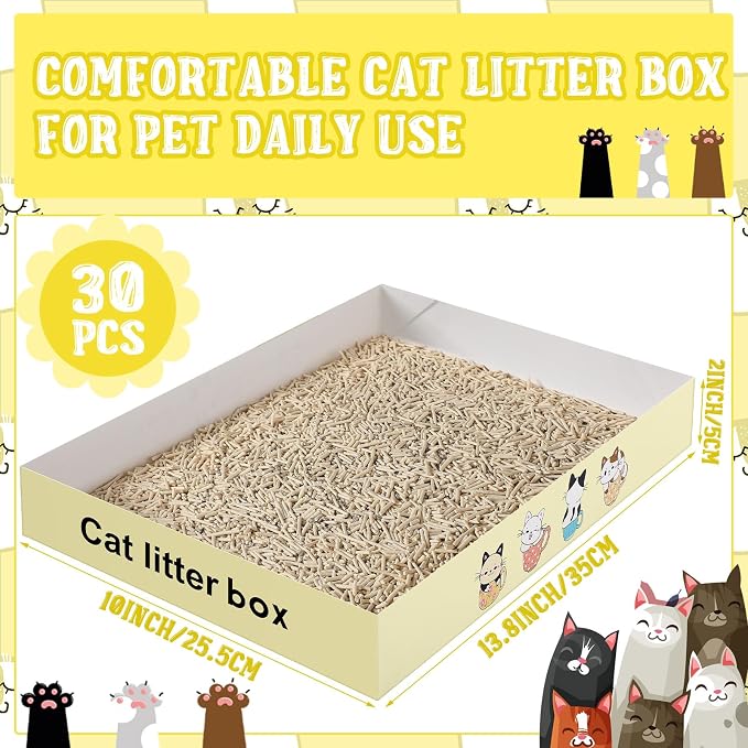 Roshtia 30 Pcs Disposable Cat Litter Box Foldable Paper Kitty Tray 13.8 x 10 x 2 Inch Portable Kitten Pan Low Entry Lightweight Cardboard(Cat Litter Box,Beige)