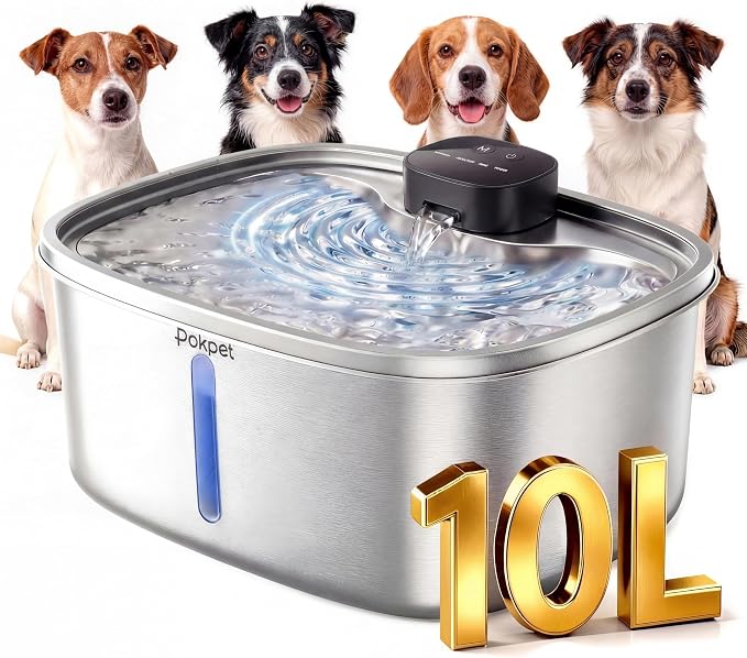 Dog Cat Water Fountain Wireless Stainless Steel Water Fountain for Small Large Dogs, Fresh Flow 10L Dispenser, Doggy Spout Water Bowl,Wider Drinking Area, LED Window, Ultra-Quiet - 1 Filter