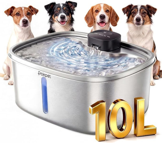 Dog Cat Water Fountain Wireless Stainless Steel Water Fountain for Small Large Dogs, Fresh Flow 10L Dispenser, Doggy Spout Water Bowl,Wider Drinking Area, LED Window, Ultra-Quiet - 1 Filter
