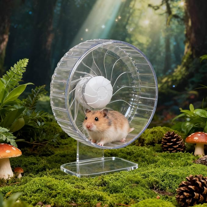 Silent Hamster Wheel, 8in Hamster Wheel with Adjustable Stand, Double-Bearing Quiet Spinner for Syrian Hamsters, Hedgehogs, Mice & Small Pets, Clear