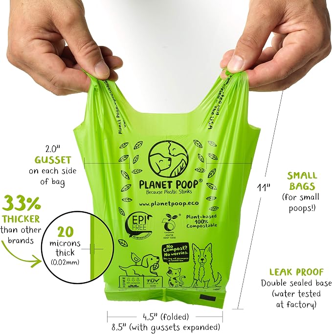 Planet Poop Compostable Dog Poop Bags for Small Pets, Large Single Roll 200 Mini Size Grab & Go, Biodegradable Un-Scented Dog Waste Bags with Handles, Leakproof Doggy Cat Bag, Plant Based Pet Supplies