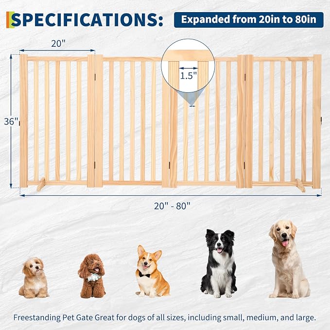 Wooden Freestanding Dog Gate, Foldable Pet Gate with Support Feet, Indoor Dog Fence for The House,Doorways, Stairs，Expandable Pet Fence -4 Panel H:36”
