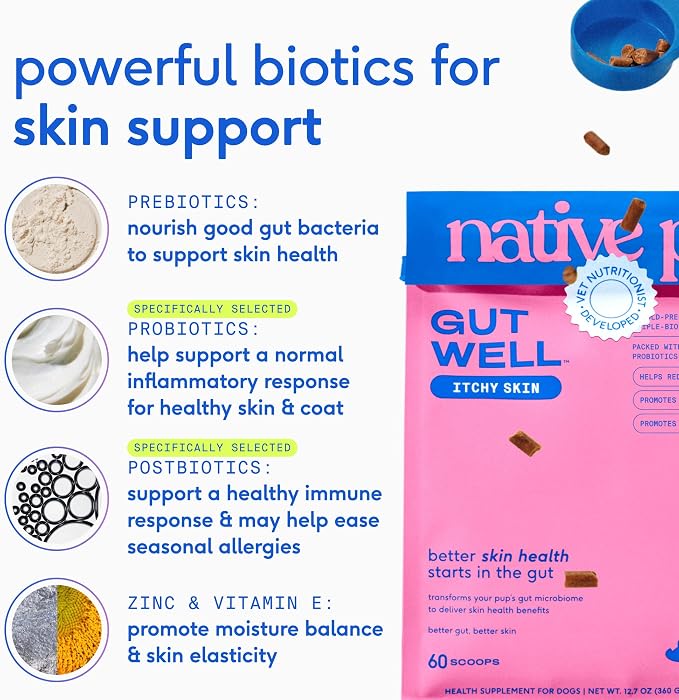 Native Pet Skin & Coat Support Pack Bundle: 60 Scoops GutWell Itchy Skin - Dog Itching Skin Relief & Seasonal Allergy Itch Relief & 8 Oz. Salmon Oil for Dogs & Cats – Pure Omega-3 Fish Oil