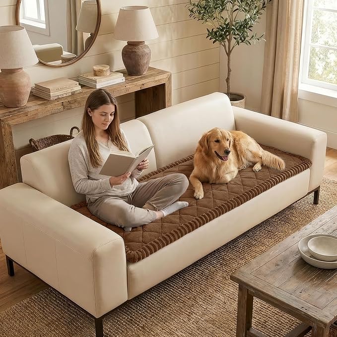 Smiry Couch Cover for Dogs, Non Slip Washable Pet Sofa Protector for Large Dogs, Cats, Fuzzy Plush Sofa Covers Backrest & Armrest, Against Fur, Dirt & Scratch Resistant, Brown, 27.6"×27.6"