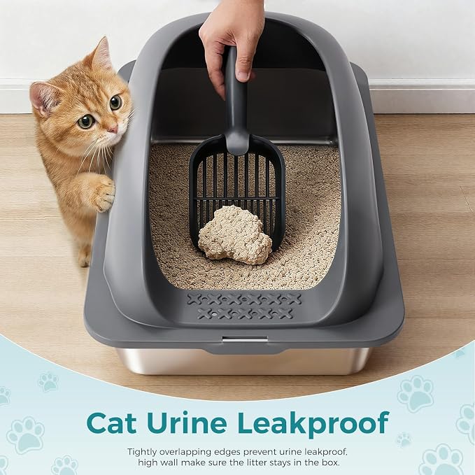 OLIXIS Stainless Steel Cat Litter Box with Lid, Large Cat Litter Box for Big Cats, High Wall Sides, Anti-Urine Leakage, Easy Cleaning, Scoop and Mat Included, Easy Cleaning, Dark Gray
