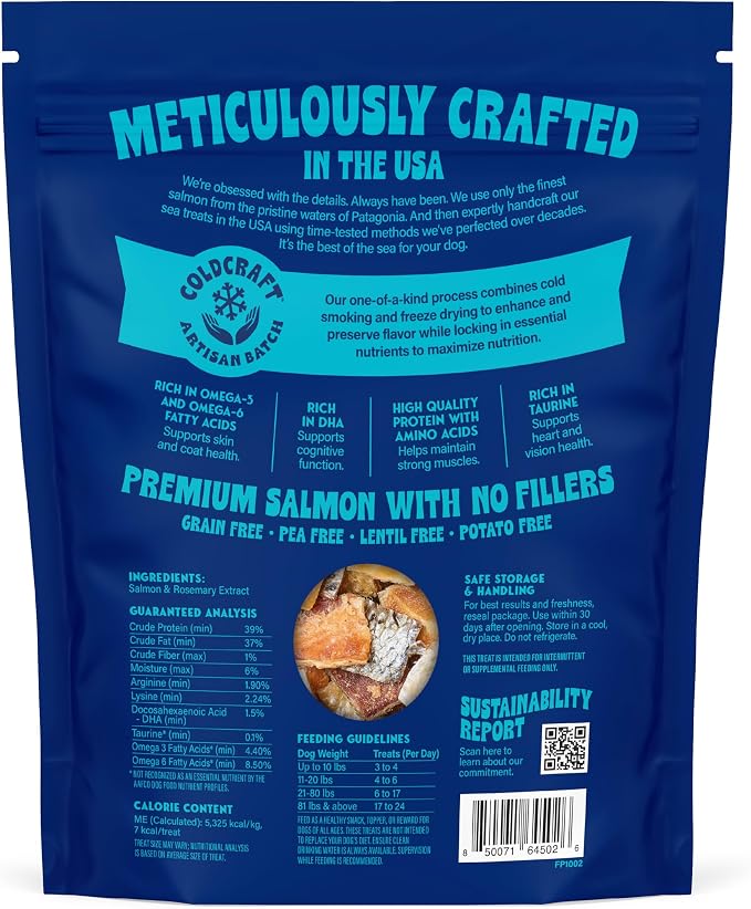 Finfare Freeze Dried Salmon Skin Treats for Dogs, Protein & Omega-3s, Grain Free Salmon Dog Training Treats, Crafted in USA, Bites - 9oz