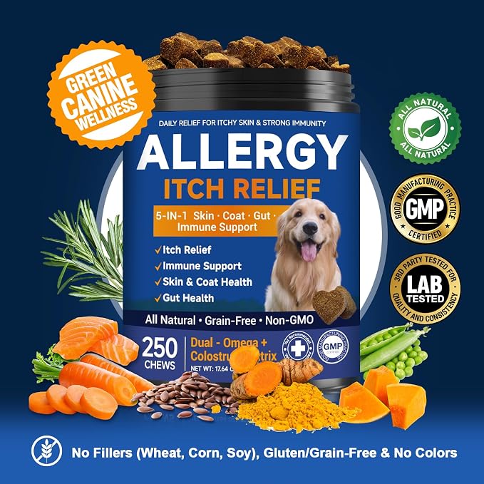 Dog Allergy Chews,is Omega 3 Human,Anti Itch Relief for Dogs Itching Skin Relief and Aller Immune Pet Multivitamin Allergy Chews Coat Licking Supplement Pills Meds Treats 250 Bites for Dogs