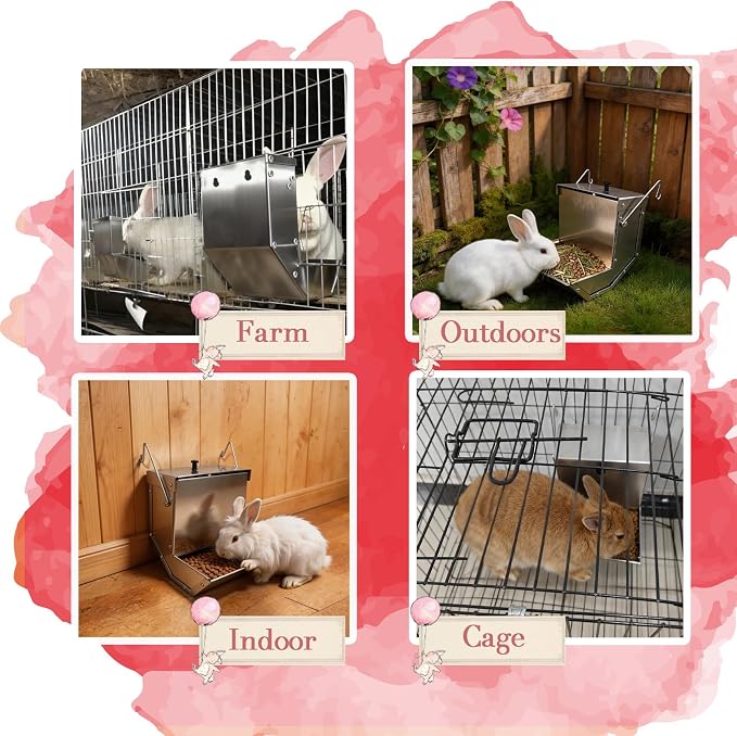 Small Animal Gravity Feeder with Lid - Stainless Steel Anti-Corrosion Durable Large Capacity Food Dispenser for Rabbits, Guinea Pigs, Chinchillas & Other Small Pets for Indoor Outdoor Cage Use (4Lbs)