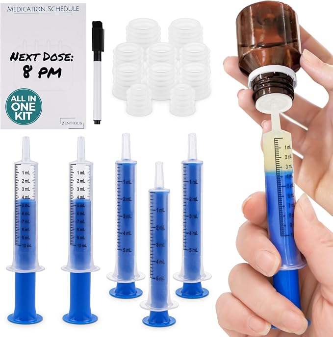 Mess-Free Liquid Medicine Dispenser System for Kids & Pets - Oral Syringe with Bottle Adapter - No Spills, No Waste - With Medication Reminder Log and Marker | Zentious