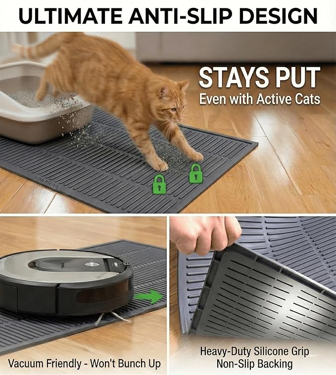 Durable Cat Litter Mat: Fewer Holes Edge Tears & Replacements | Large Thickened Silicone Mat Tested with 1,000+ Scratch Motions