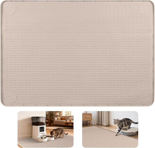 Cat Food Mat, 40" x 28" Cat Litter Mat Extra Large Silicone Pet Feeding Mat with Raised Edge Pet Placemat for Food and Water Bowl Non-Slip, Easy to Clean, Floor Protection (Khaki)