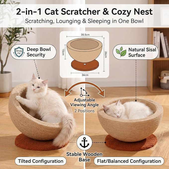 Novabright Sisal Cat Scratcher Bed with Solid Wood Base 15 x 15 x 7.87 Inch 2-in-1, Round Scratching Nest Lounge for Indoor Cats, Adjustable Tilt or Flat Installation, Jute Cat Scratching Bowl