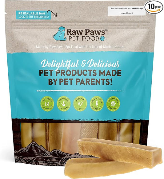 Raw Paws Himalayan Yak Chews for Dogs, Large (10 Pack) - Packed in USA - Tibetan Yak Cheese Dog Chews for Medium to Large Breeds - Hard Milk Dog Chew Bones - Single Ingredient - Long Lasting
