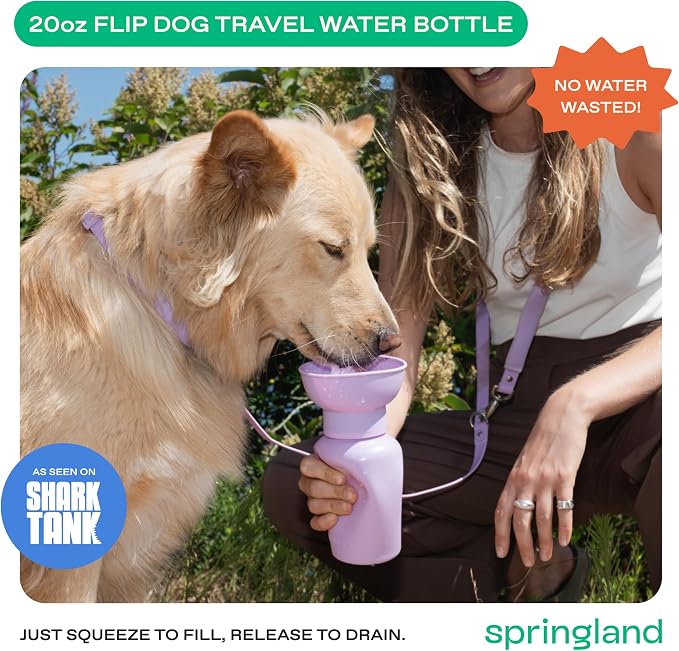 Springer Flip Portable Dog Water Bottle with Foldable Food Grade Silicone Bowl - 20 Ounce Travel Dog Water Bottle Ideal for Camping - Easy Squeeze Hydration & Release to Drain Lilac