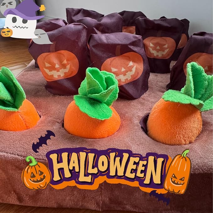 CECE PAW Carrot Patch Cat Toy Halloween Edition, Mat Pocket with Pumpkin Design, 12 Squeaky Carrot with Pockets and 4 Cute Catnip Toys for Indoor Cats Kicking and Biting