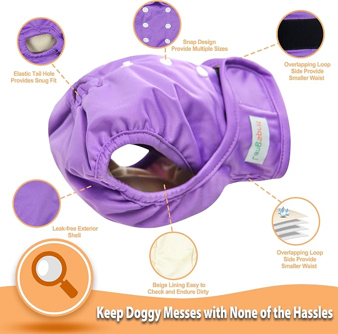 Langsprit Washable Female Dog Diapers (3 Pack) - No Leak Reusable Diapers for Doggy Female in Period - Highly Absorbent Dog Heat Panties with Adjustable Snaps (Black, Pink, Purple, XX-Large)