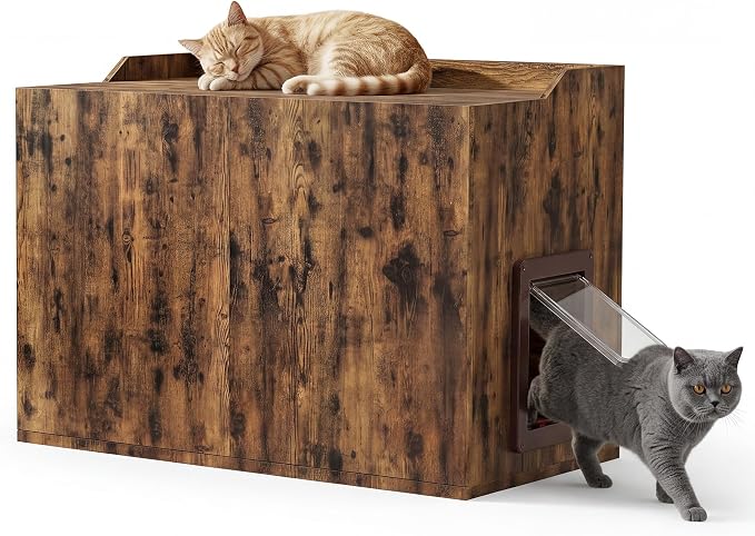 Cat Litter Box Enclosure Furniture with Cat Door, Extra Large Hidden Litter Box Cabinet for XL Boxes, 31.5" L x 19.8" W x 21.1" H, Wooden Cat Box Furniture Odor Control, Brown