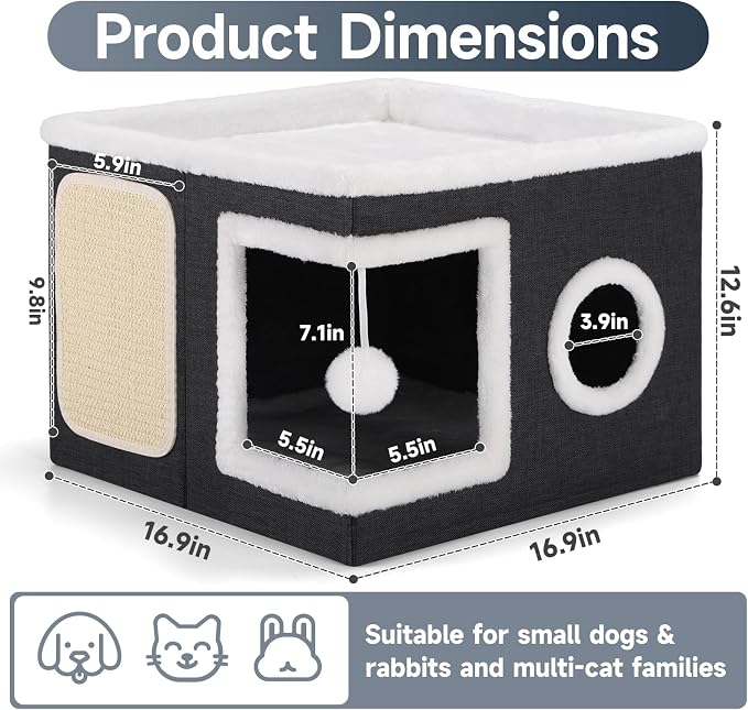 Shikha Cat Beds for Indoor Cats, Large Cat Cave with Cozy Condo, Fluffy Ball, Round Window, Foldable Indoor Cat House Hold Up to 30LBS, Cat Hideaway with Reversible Cushions for All Seasons, Black