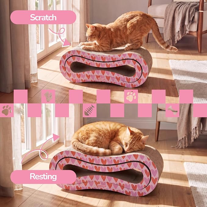 Suvi 26" Modern Cardboard Infinity 2-in-1 Lounge Bed Cat Scratcher with Catnip, Red Hearts, Corrugated Scratching Surface and Tunnel for Indoor Cats CSR1014H