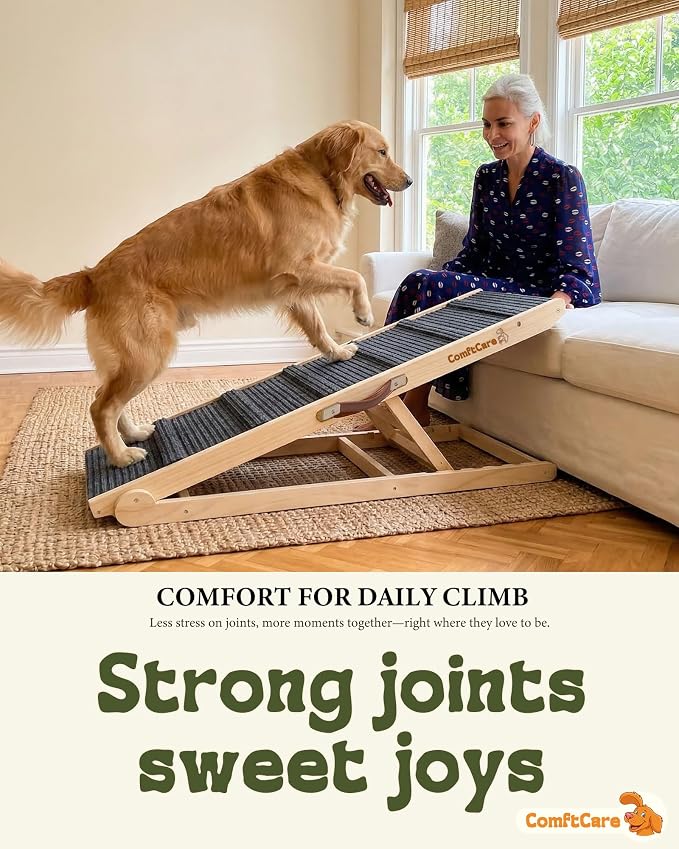 Dog Ramp for Bed, Easy Access Pet Ramp for Large Dogs, Sturdy Wood Design with Non-Slip Surface, Adjustable & Foldable for Bed & Couch, Supports up to 200 lbs