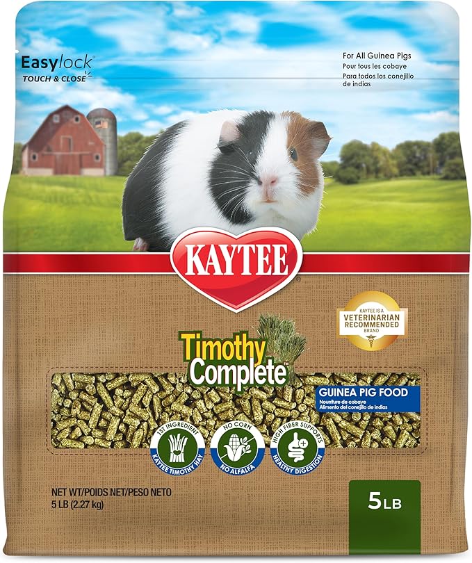 Kaytee Timothy Complete Guinea Pig Food, Made with Timothy Hay, High in Fiber, Supports Dental Health and Digestion, Long-lasting Vitamin C, 5 pounds