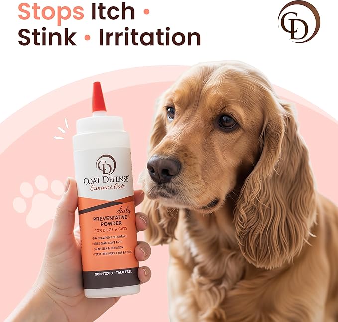 COAT DEFENSE Daily Preventative Powder | Made in USA | 9oz Precision Point Waterless Dog Shampoo & Pet Deodorizer for Smelly Dogs | Provides Anti Itch Relief | Dog Shampoo for Dry Itchy Skin