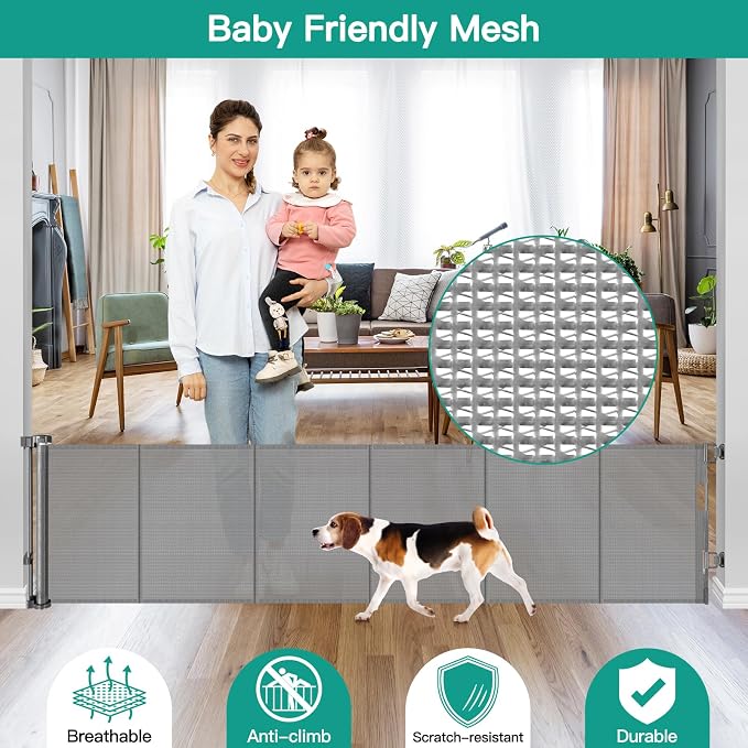 24 Inch Tall x 110 Inch Extra Wide Retractable Dog Gate for The House, Short Baby Gate to Step Over, Reinforced Mesh Puppy Gate for Doorways, Step Over Pet Gate for Stairs, Indoor/Outdoor, Gray